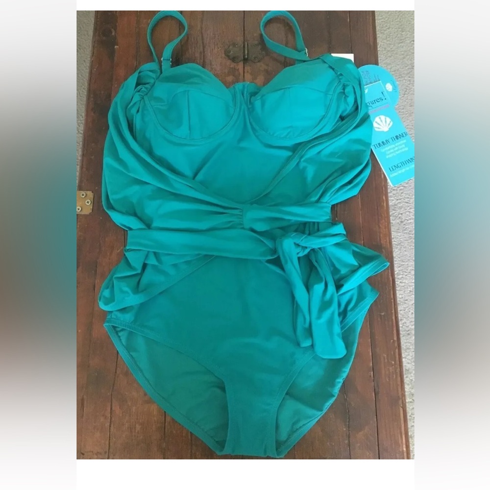 New It Figures Teal Tummy Thinner Length Wise Wrap Bathing Suit Sz 14 $100
